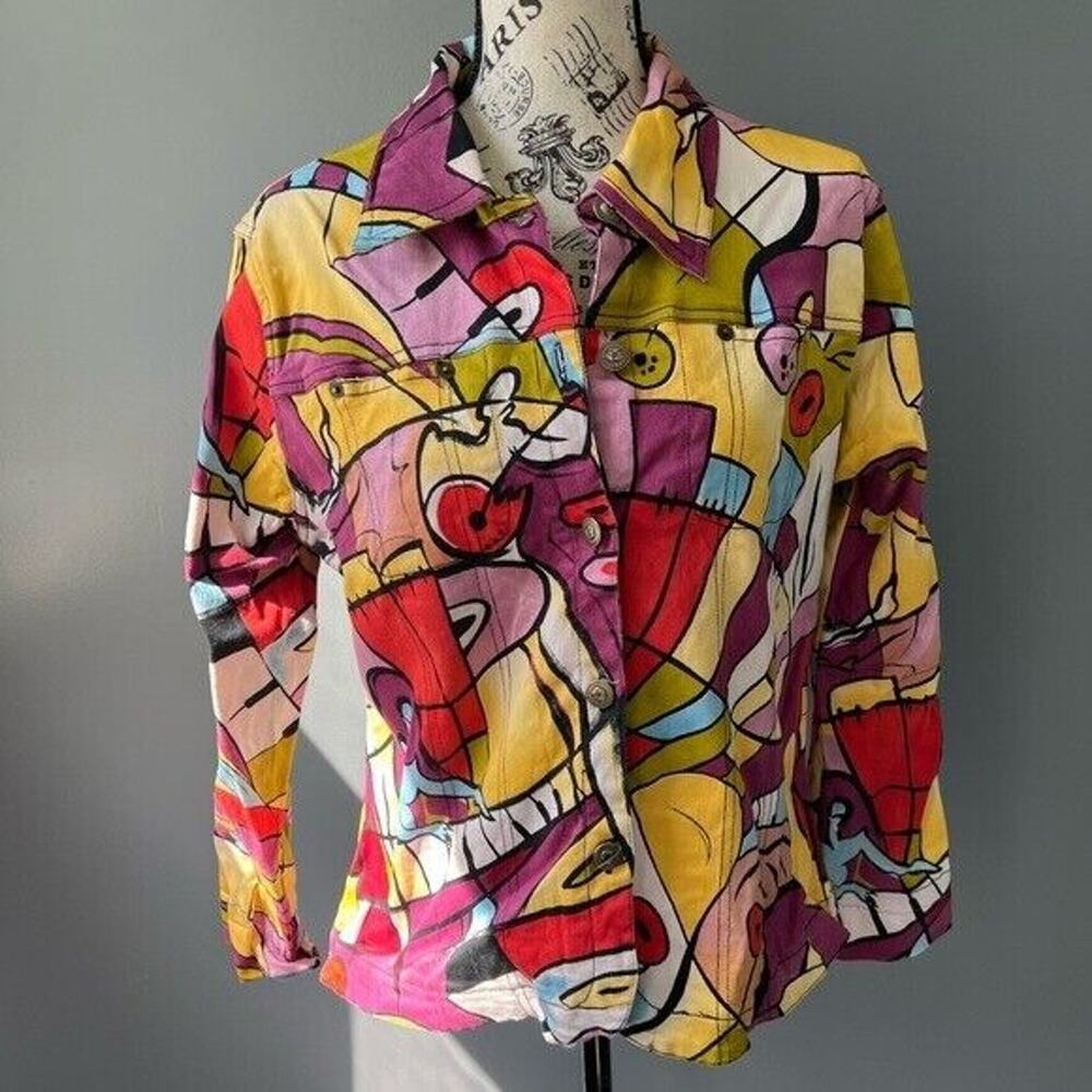 Vintage 90s mirror image surrealist multi colored patterned button up jacket - Picture 1 of 11